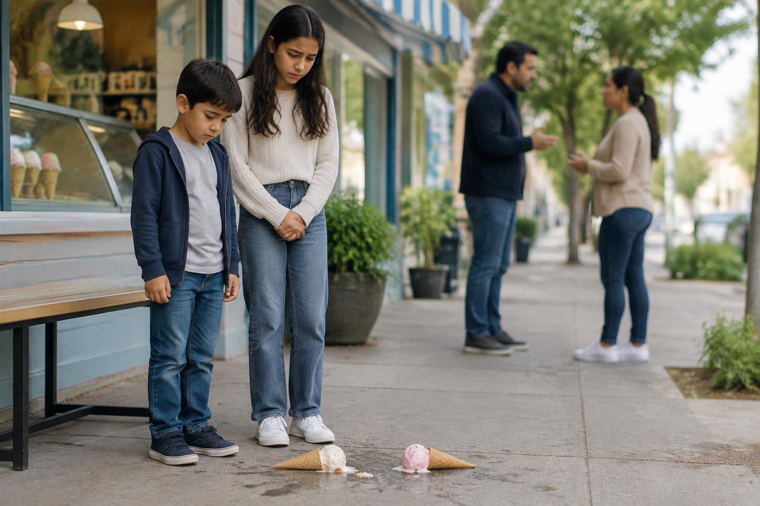 Dos hermanos preocupados frente a una heladería, con dos conos caídos y sus padres conversando a distancia