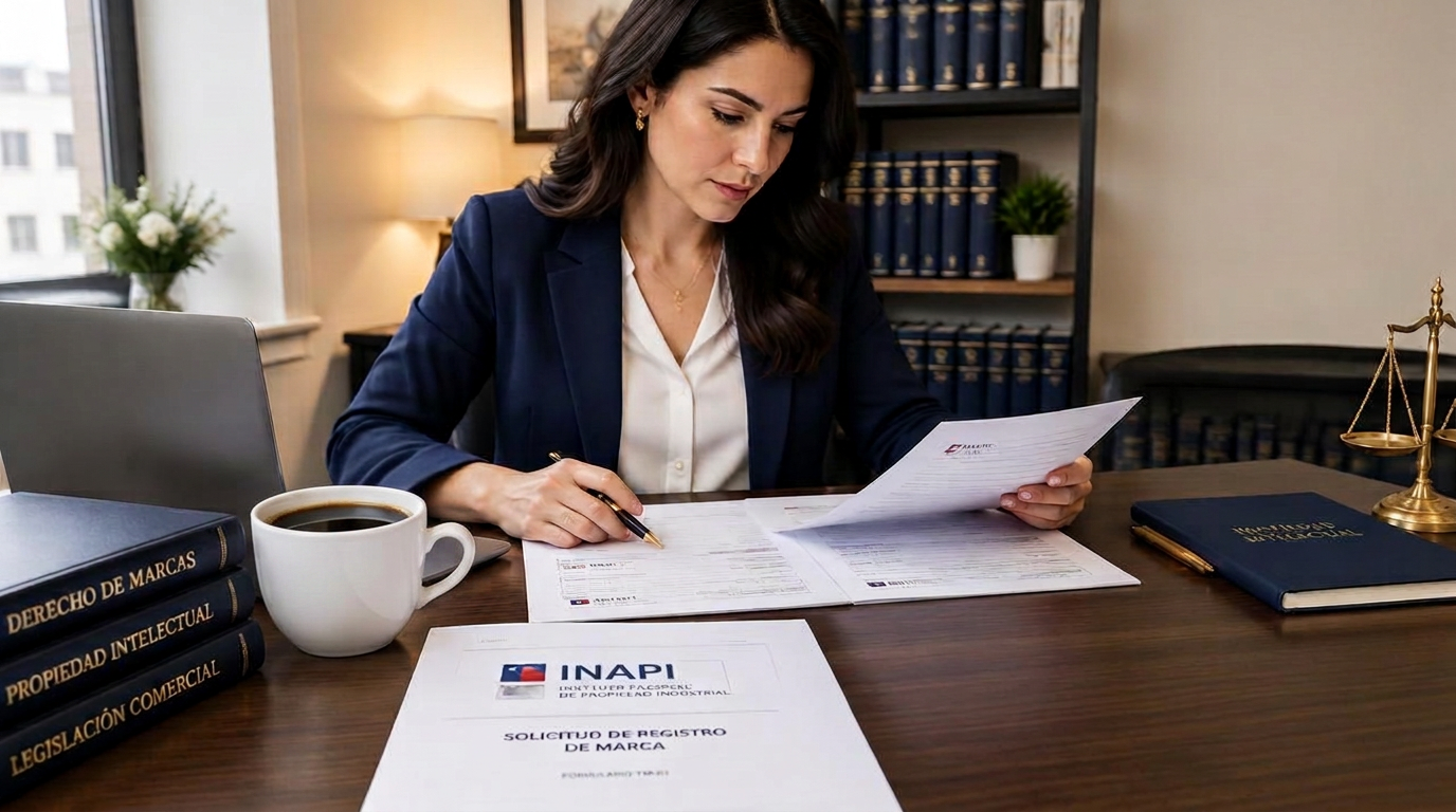 Abogada revisando documentos de inscripción de marcas ante INAPI