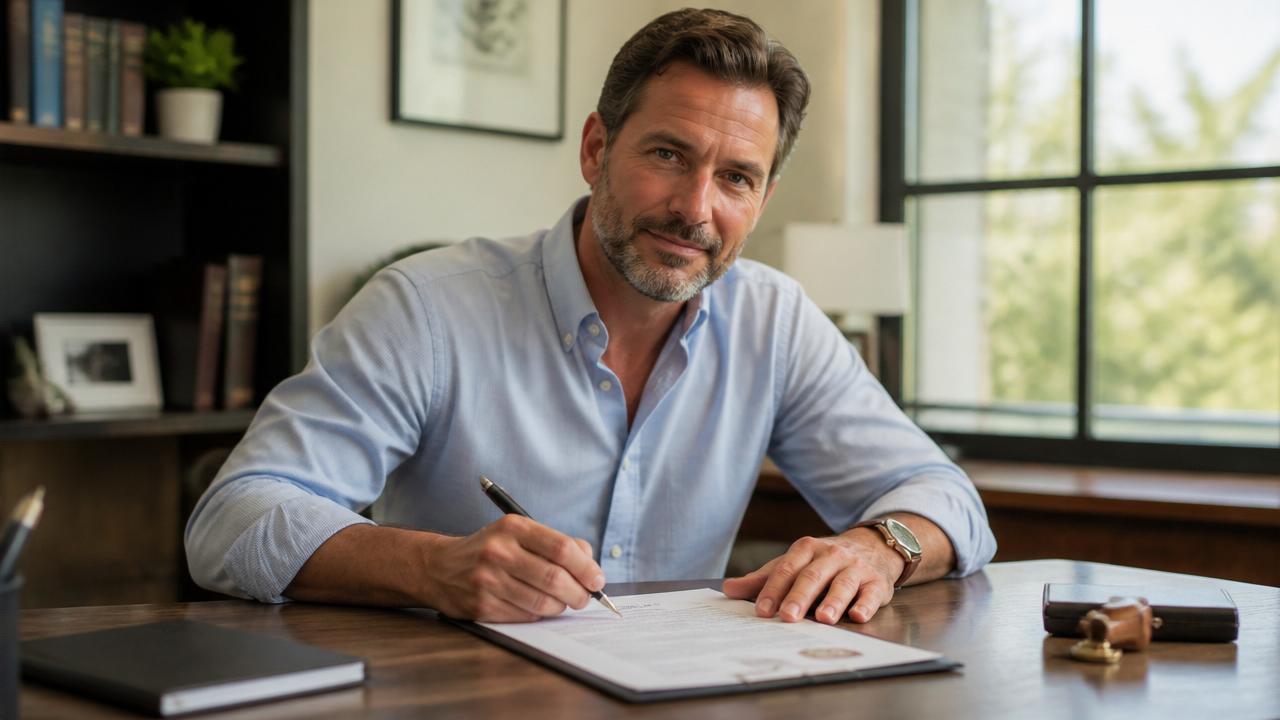 Hombre de mediana edad con expresión tranquila firmando un documento legal testamentario